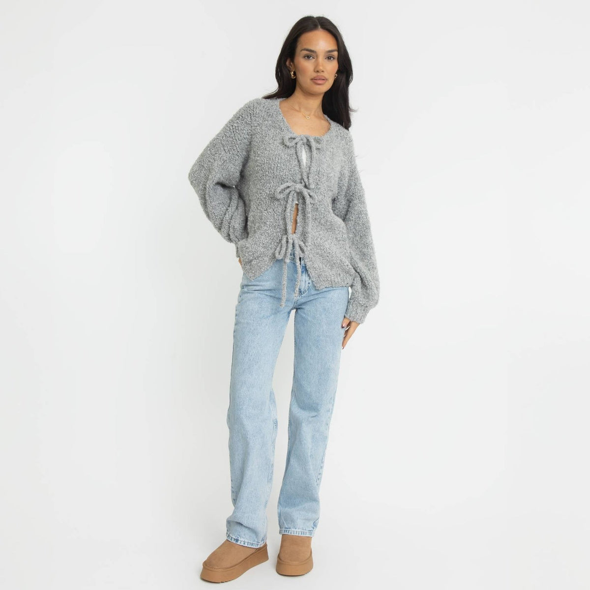 Bouclé Oversized Cardigan with Bows