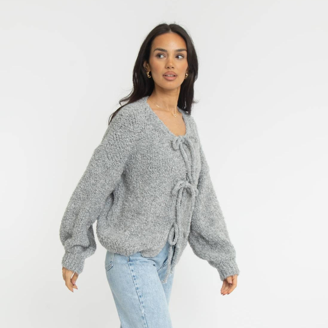 Bouclé Oversized Cardigan with Bows