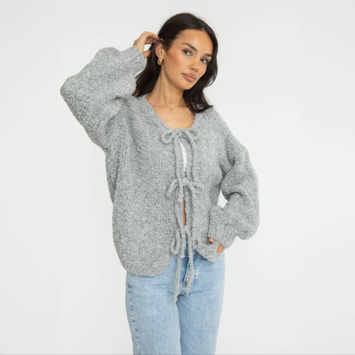 Bouclé Oversized Cardigan with Bows