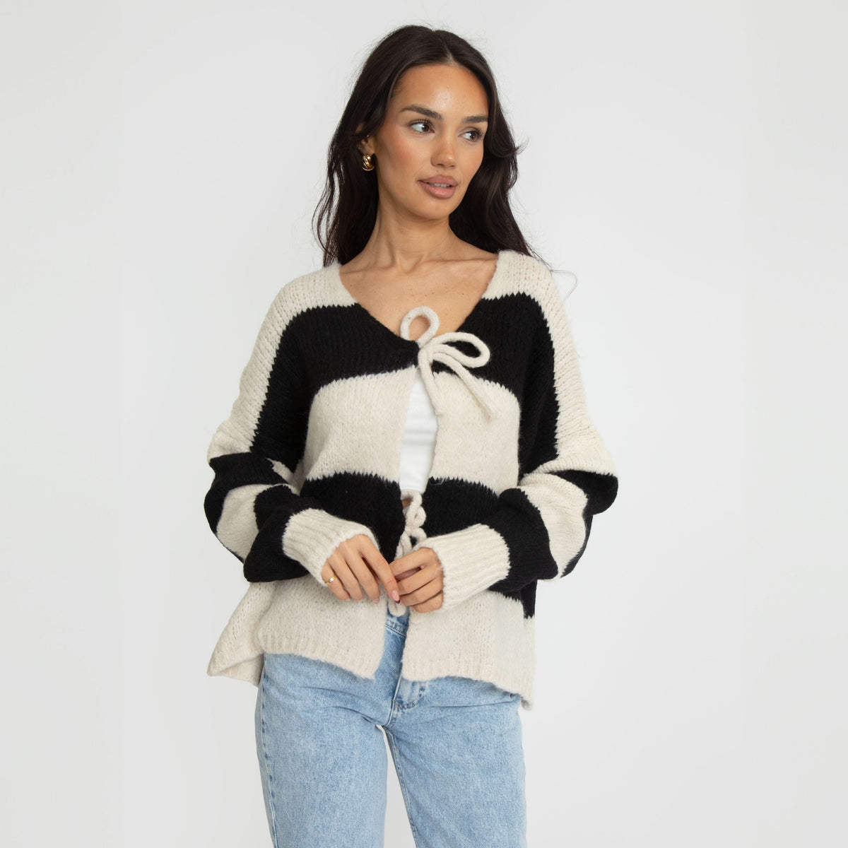 Striped V-Neck Bow Cardigan